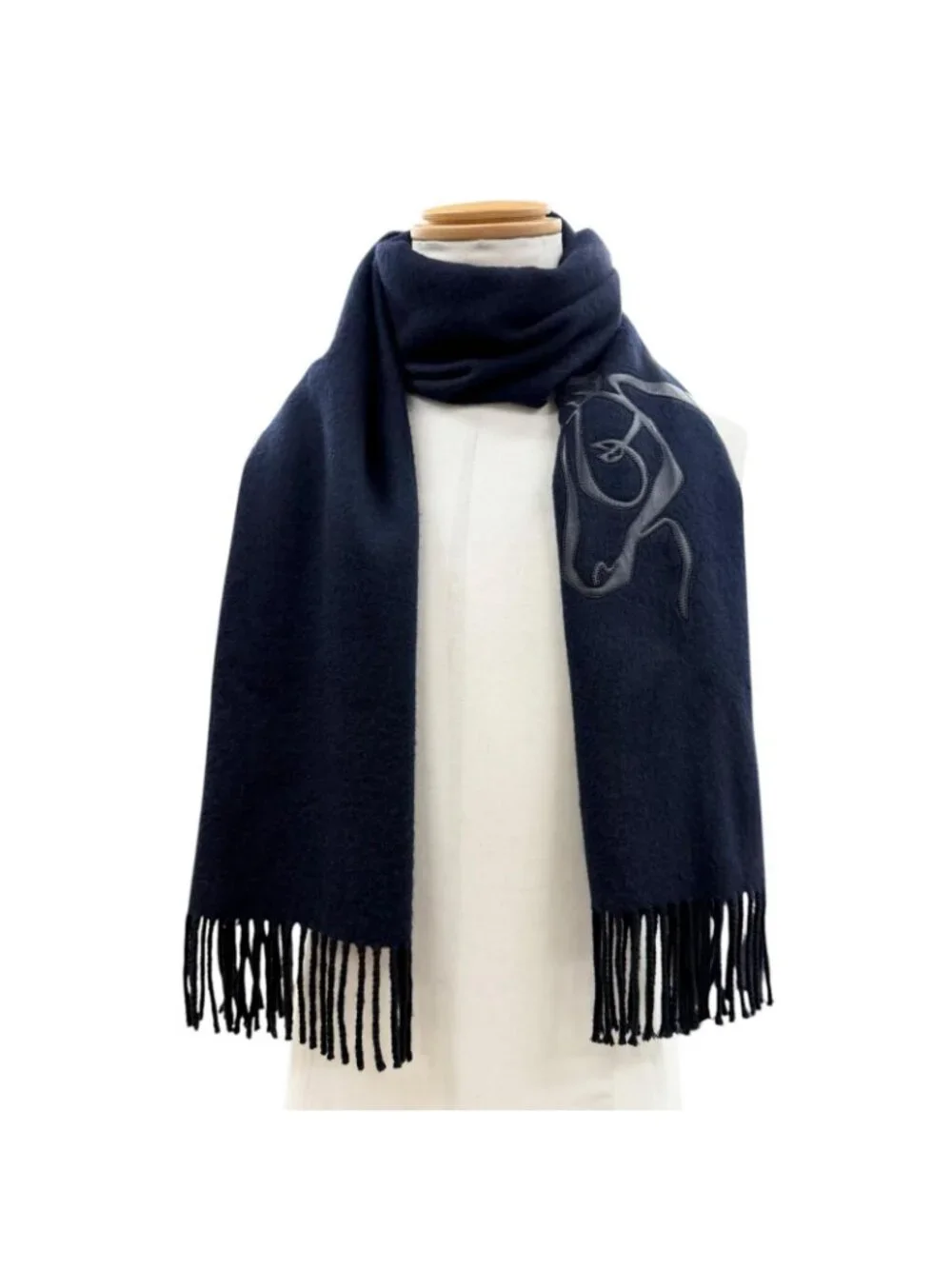 Hermes Cheval Au Tre Cashmere 100% Sheep Leather Logo Embroidery Fringe Scarf